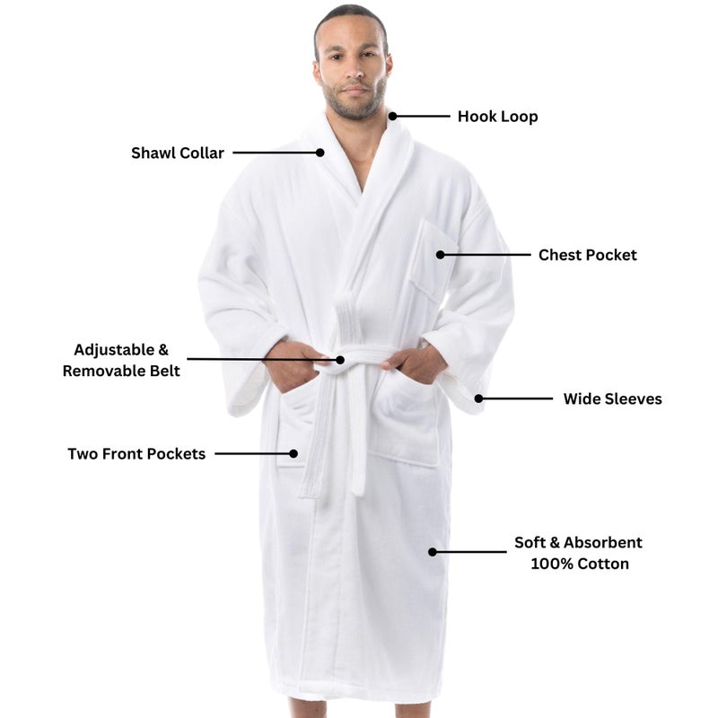 Alpine Swiss Pure Cotton Mens Terry Cloth Bathrobe Super Absorbent Spa Robe WHT ML - Image 2